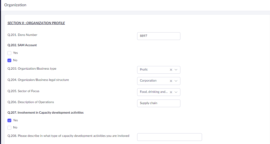 Organization Profile details form for Non Profit Organization