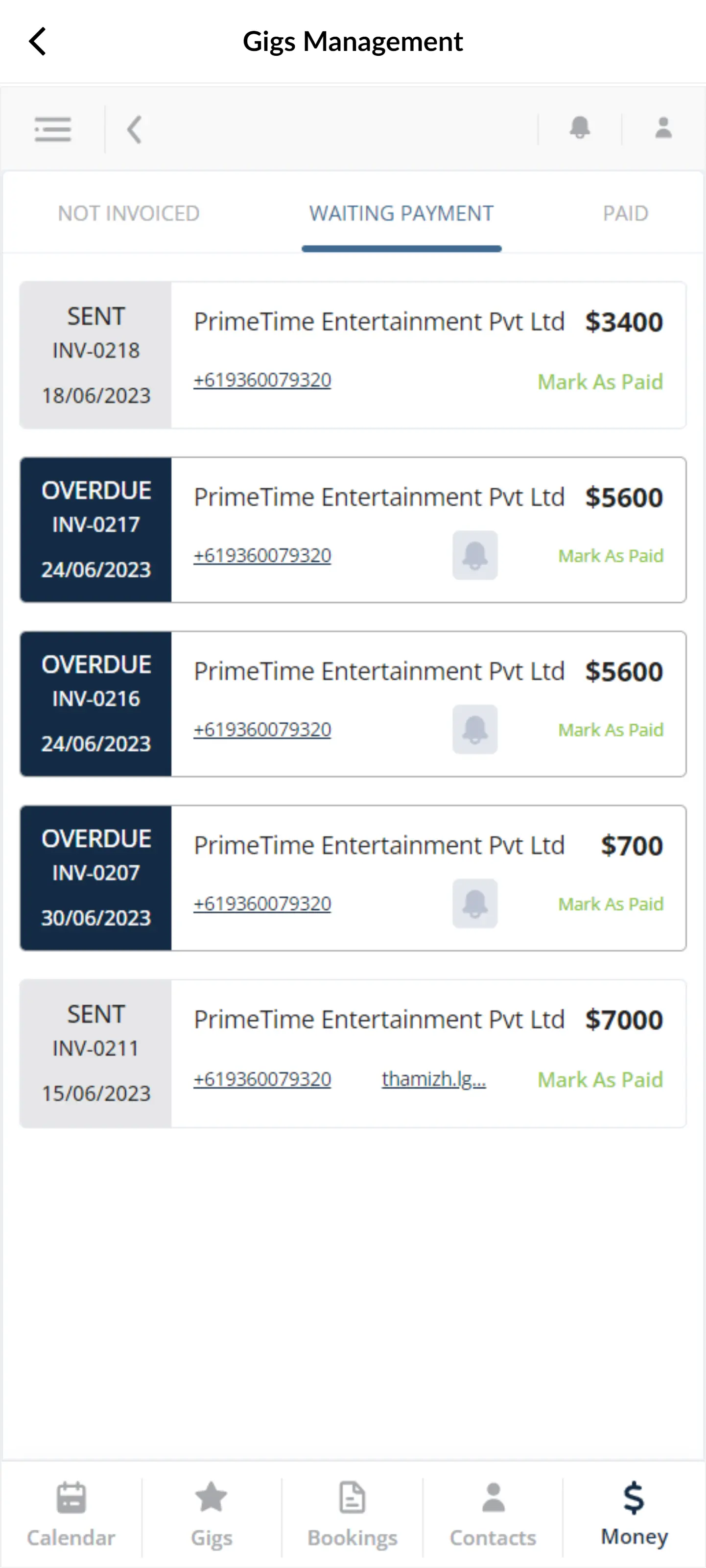 Payment not received for invoices displayed in Gig booking app