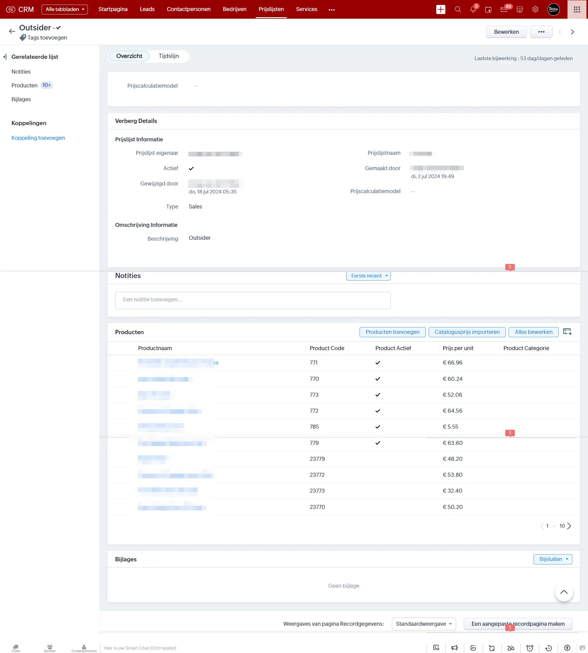 Pricelist detail page for Product in Zoho CRM