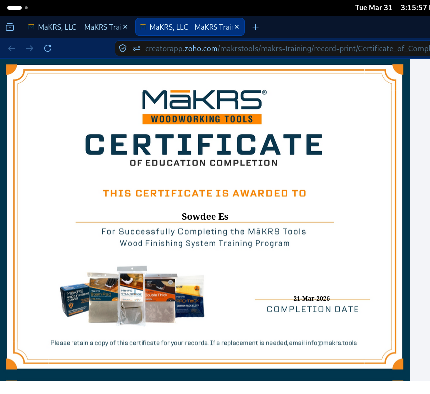 Product Training Certificate generated using Zoho Creator