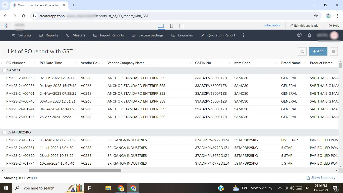 Purchase Order report with GST in Zoho Creator 