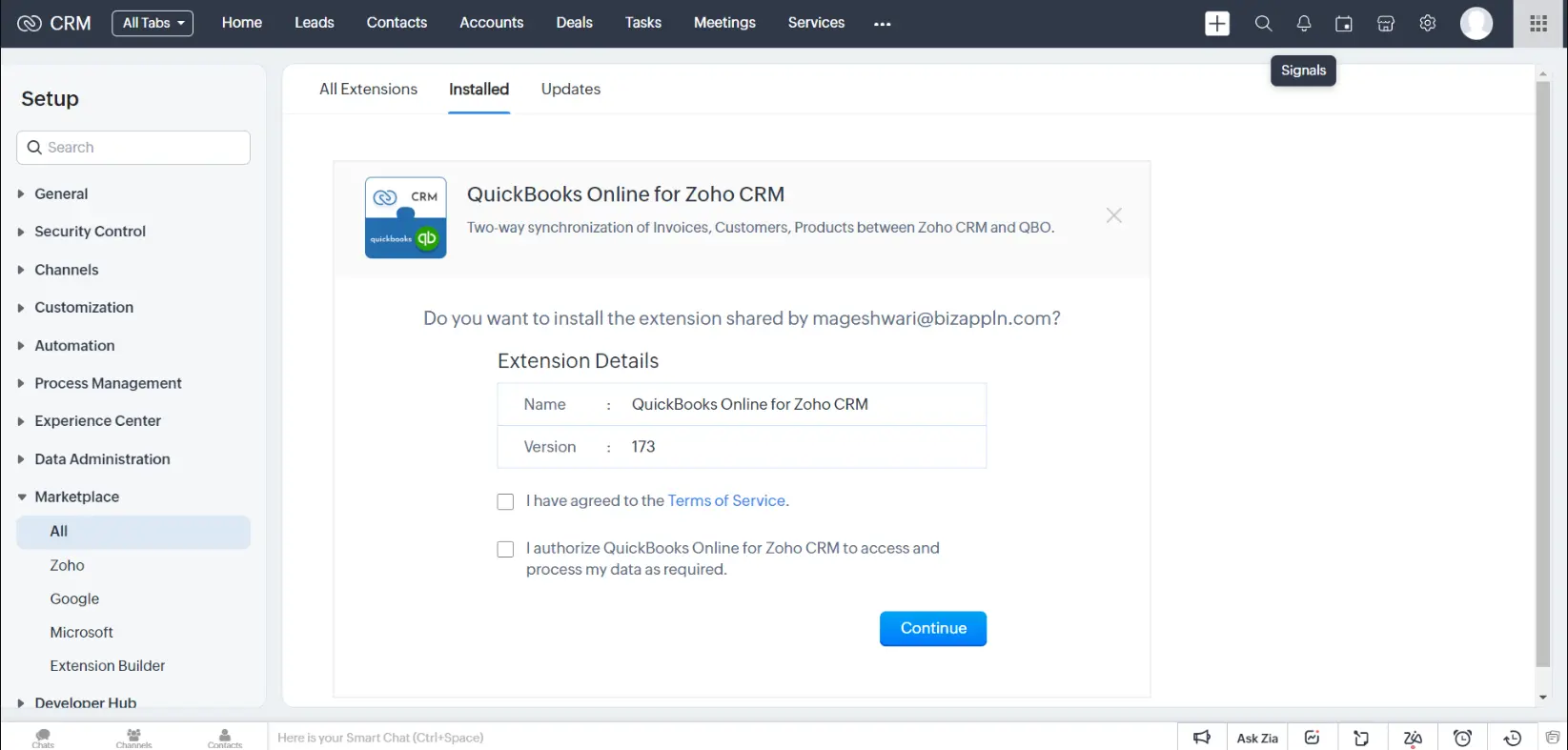 QuickBooks Extension Installation page
