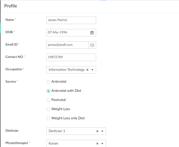 Registration form in Fitness Management App Zoho