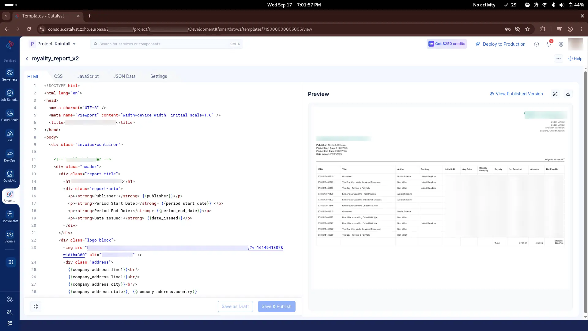 Royalty Report PDF generation using SmartBrowz in Zoho Catalyst