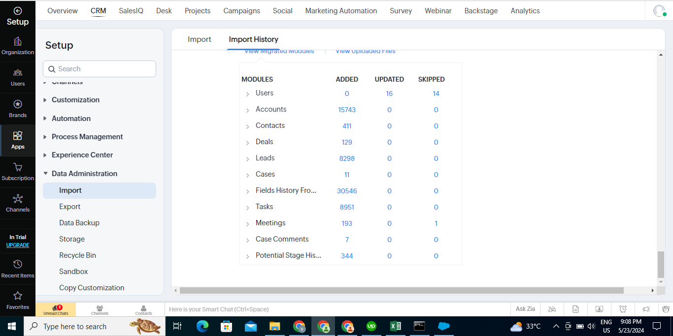 Saesforce data transferred to zoho crm import history