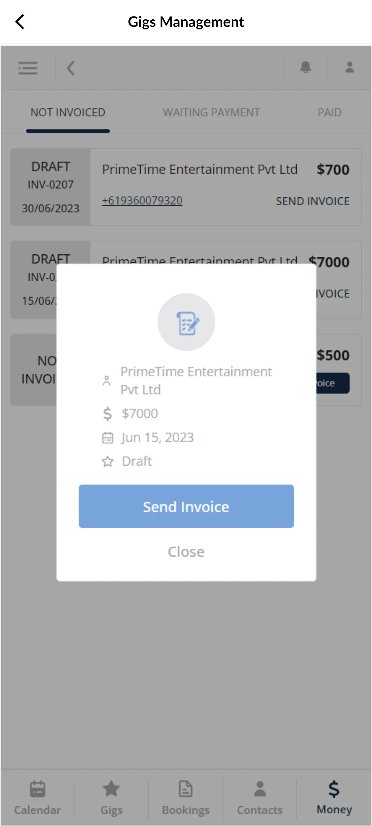 Send Invoice To Artist After Contract signed in Gig Booking App
