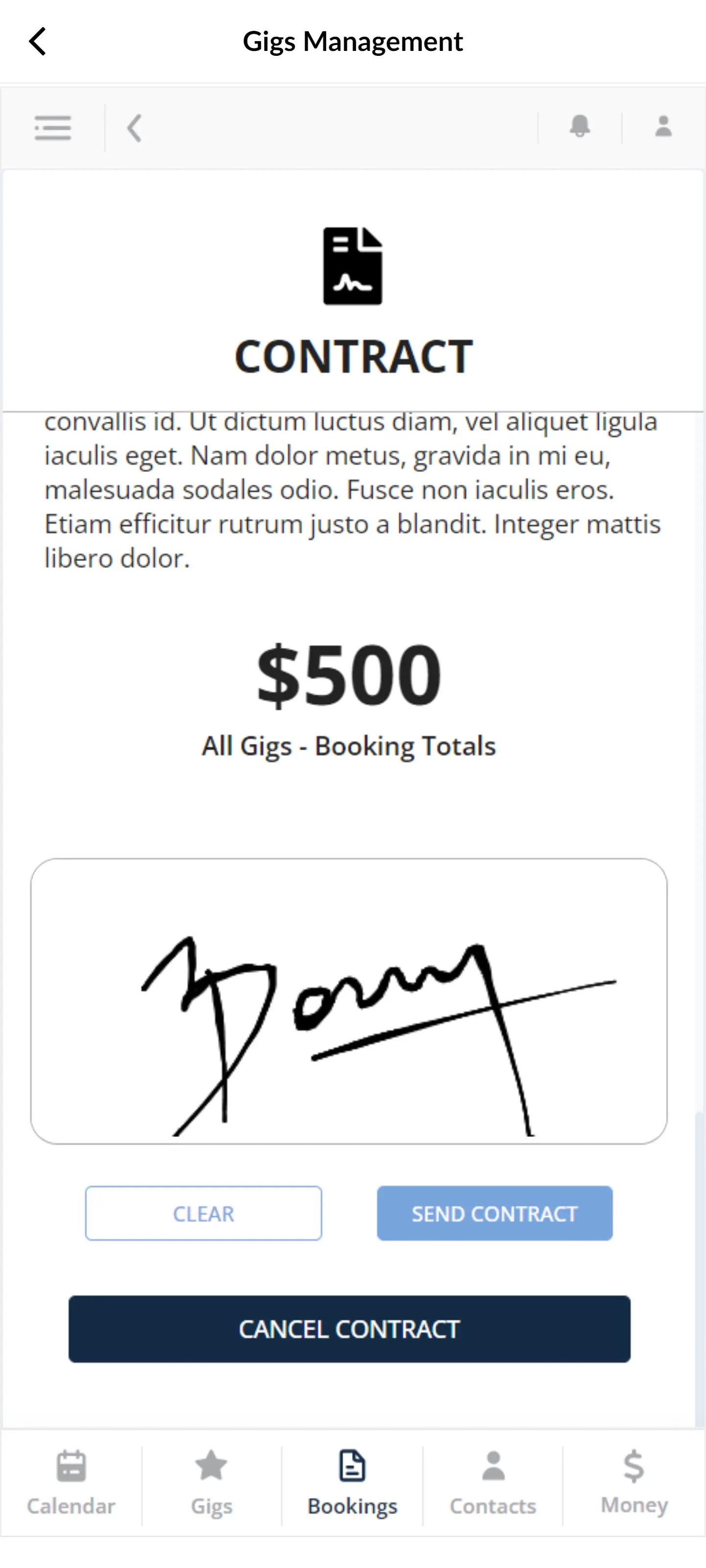 Signing Contract from Gig Booking App Zoho Creator