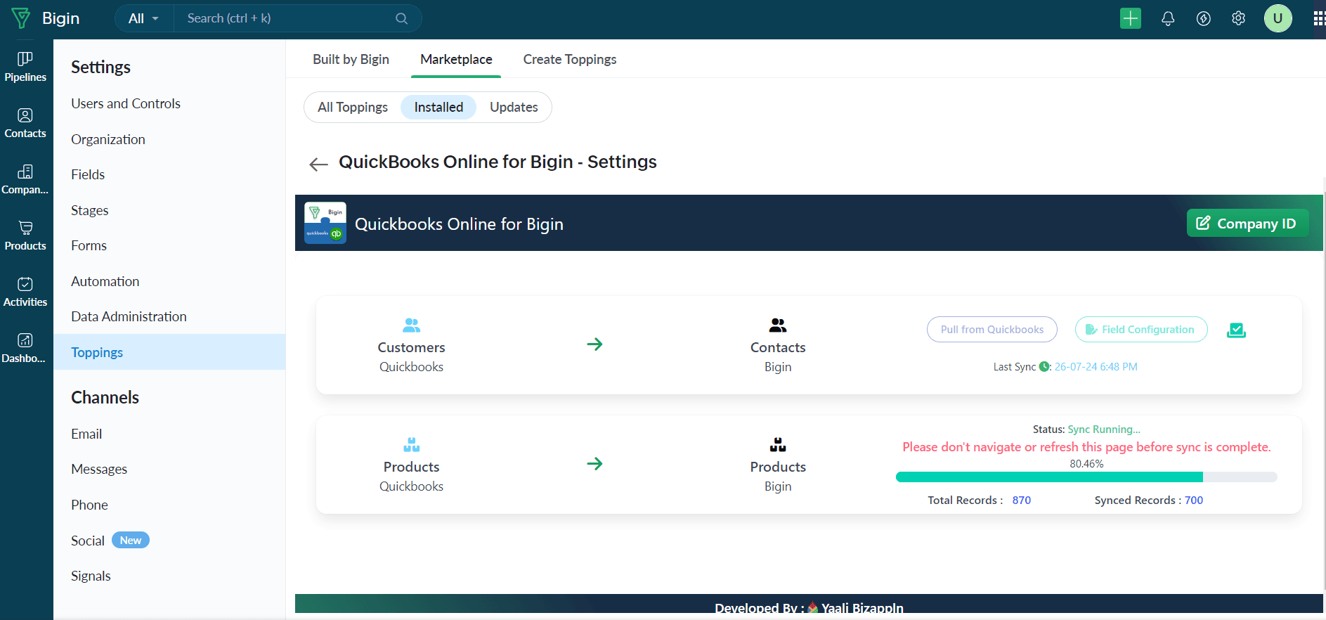 Sync QuickBooks Products with Bigin