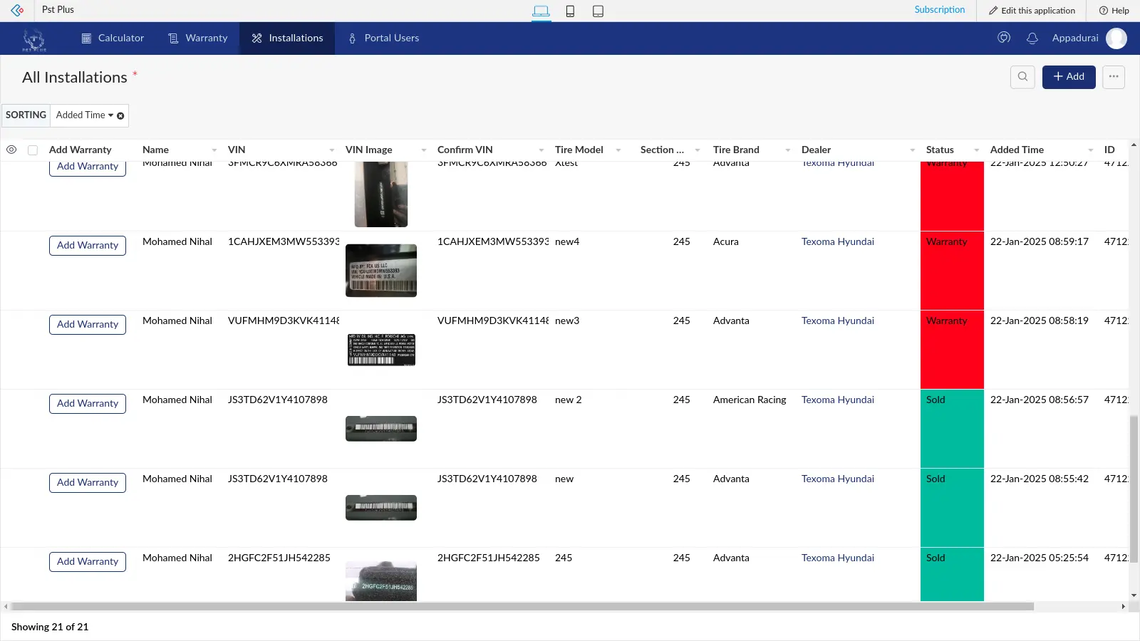 Tire sealant installation and warranty details in zoho creator app