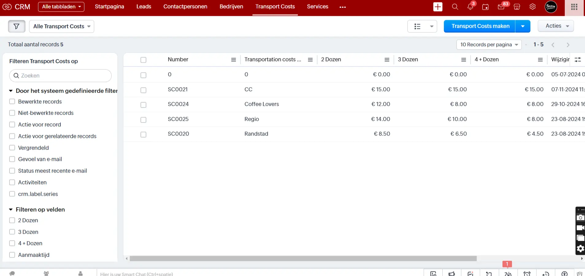 Transportation cost Pricelist in Zoho CRM