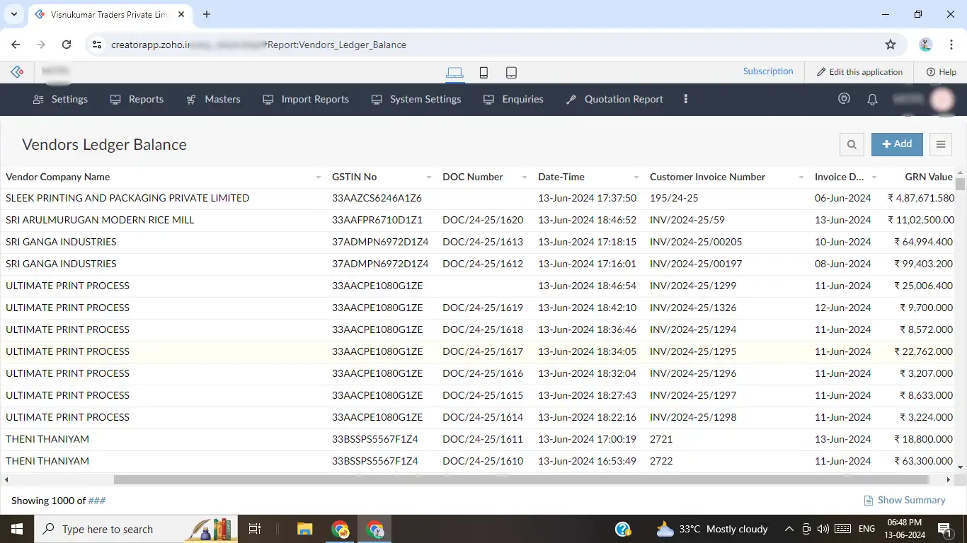 Vendors ledger balance management in Zoho creator 