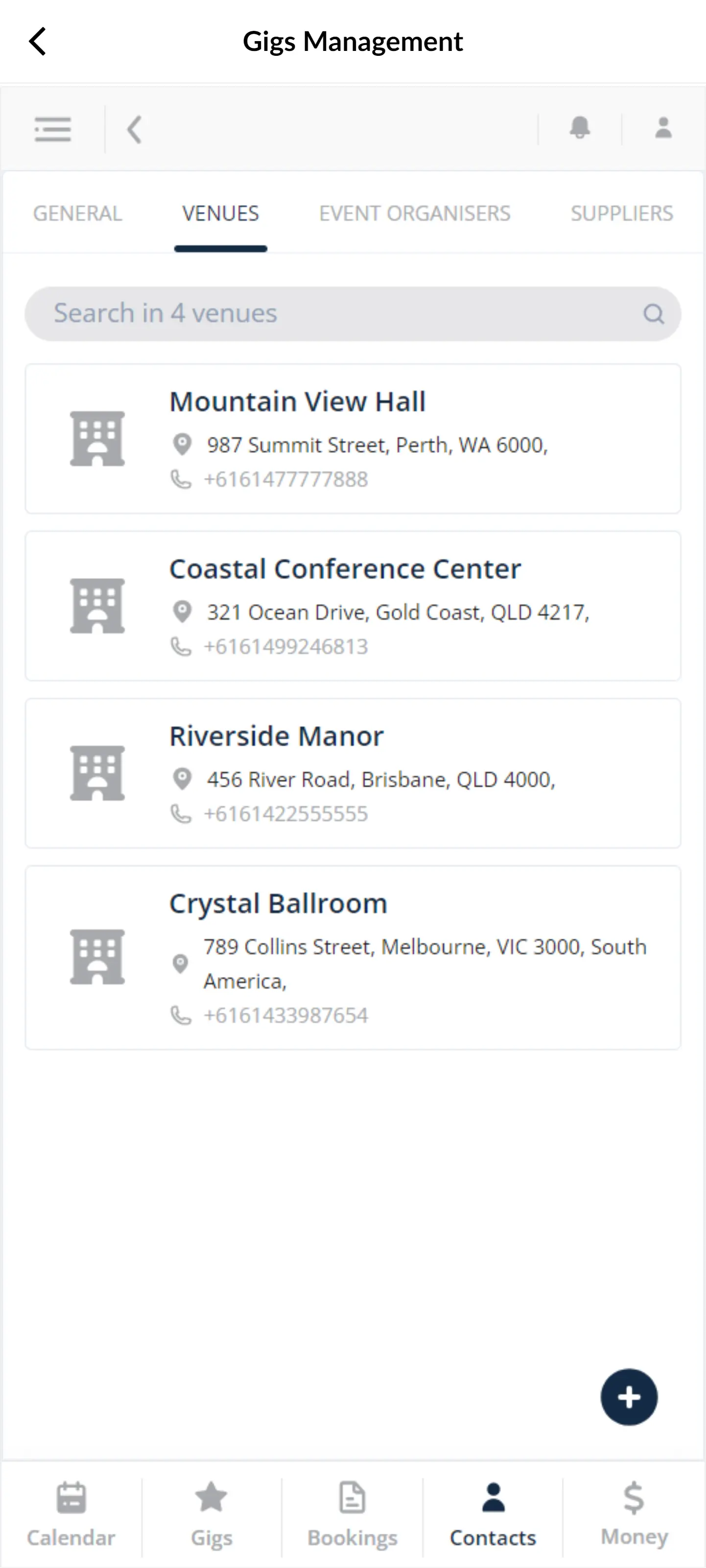 Venue details Booked by artist in gig booking app zoho