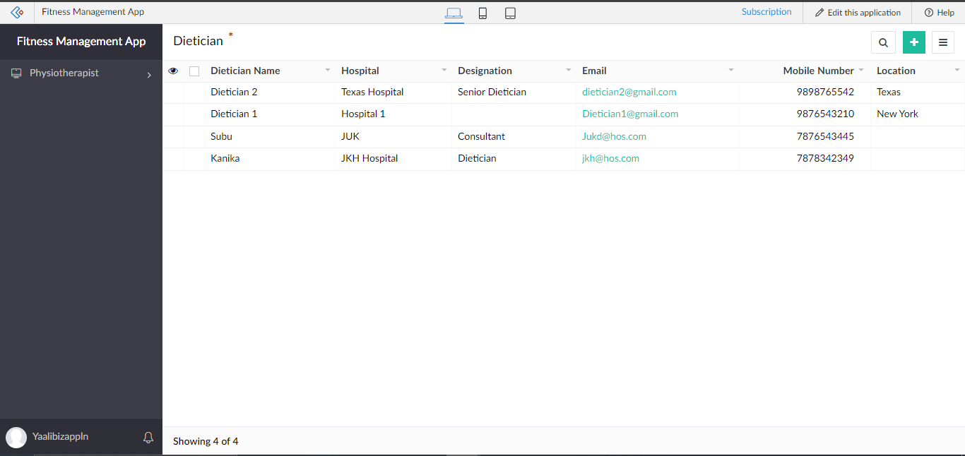 View Dieticians data in Fitness Management App Zoho