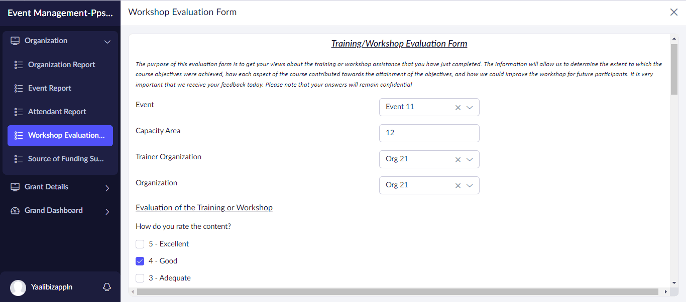 Workshop evaluation form in Non profit Organization management App