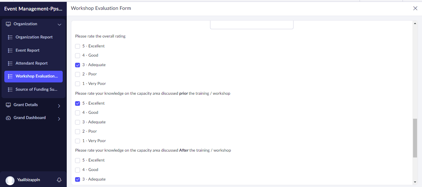 Workshop evaluation rating in Non Profit Organization Management App