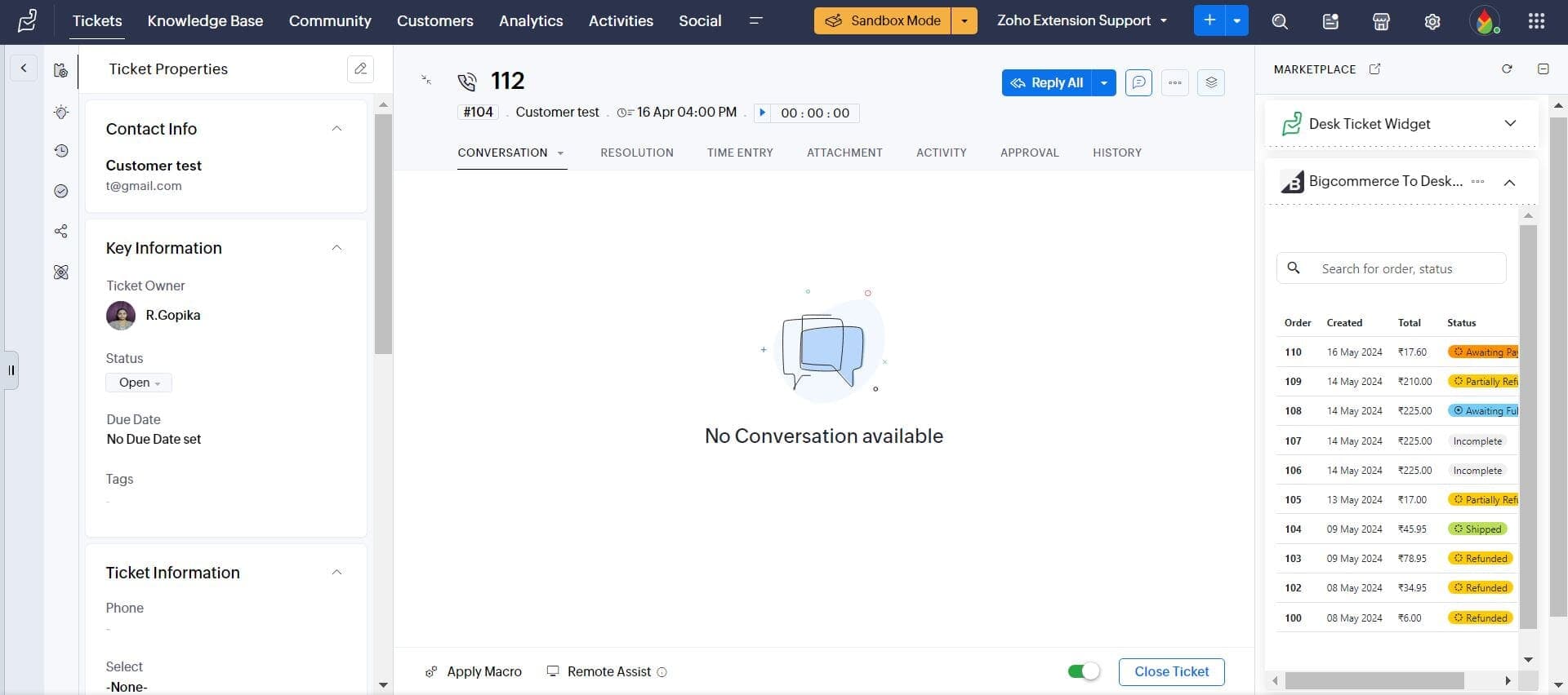 Bigcommerce order listed in Zoho desk Tickets