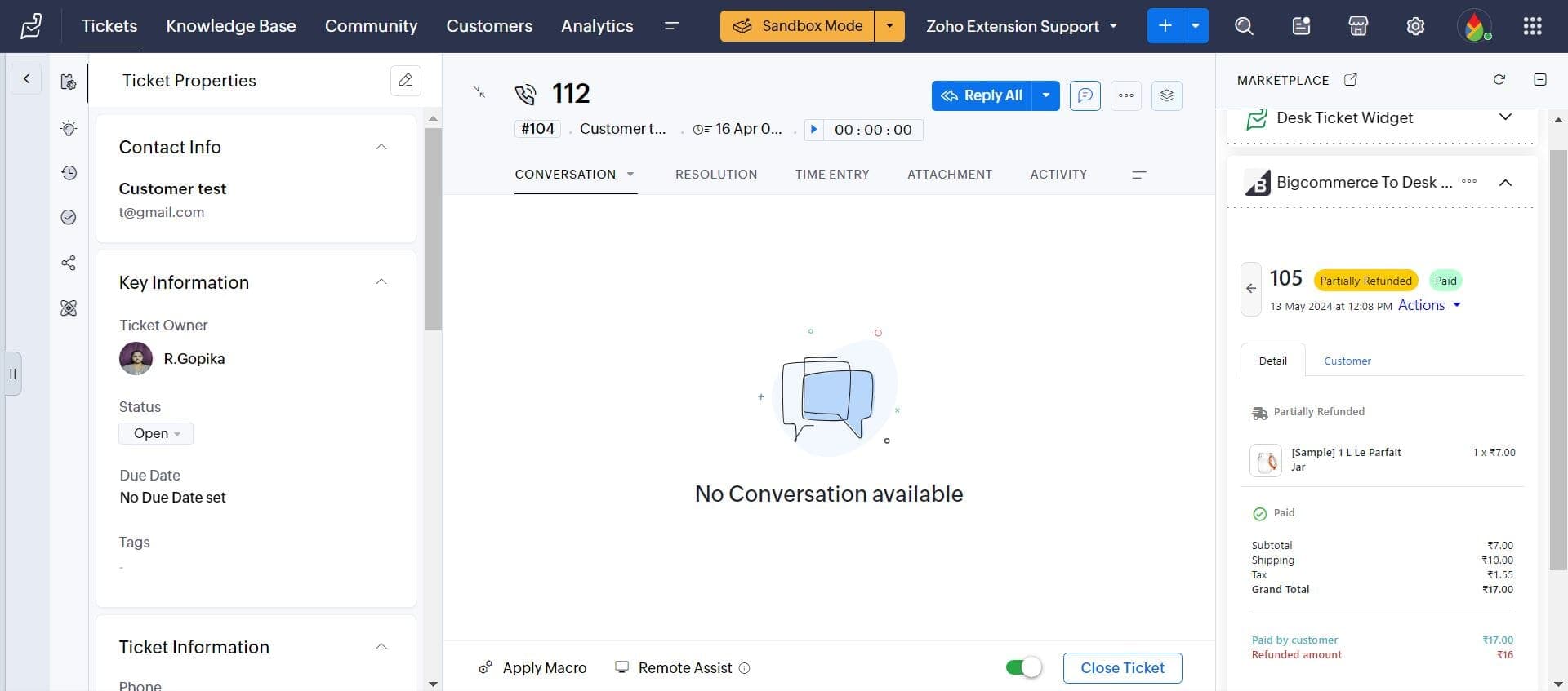 BigCommerce order information viewed in Zoho Desk