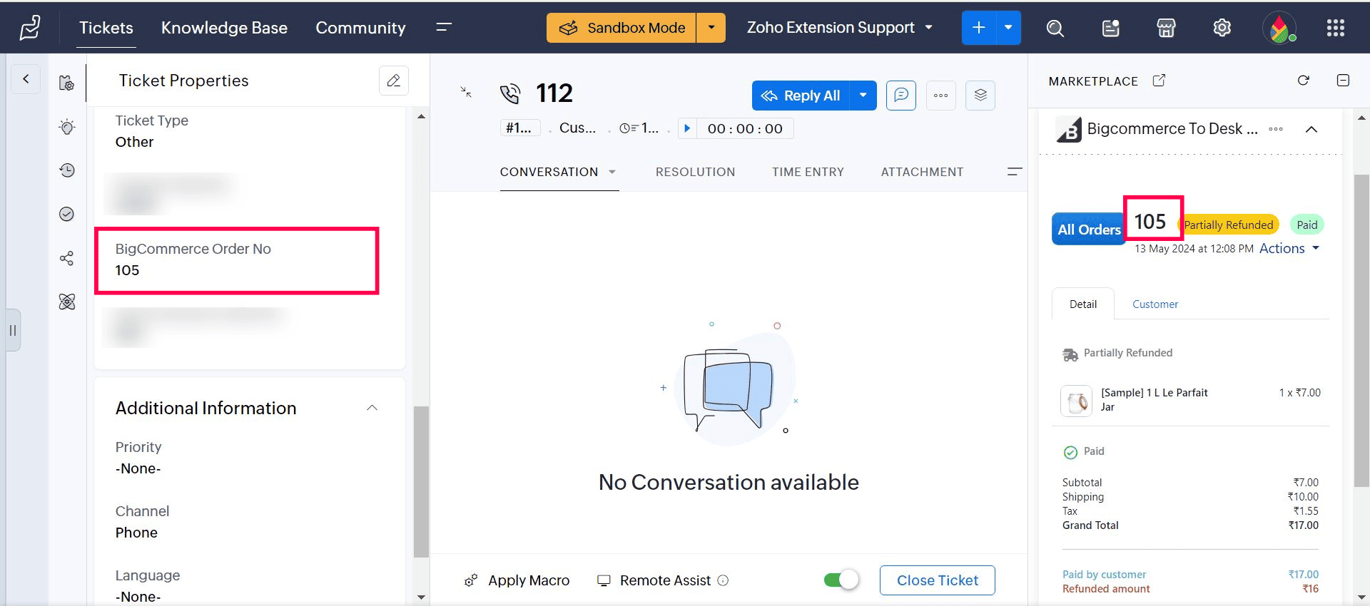 Pin BigCommerce oder in Zoho desk Tickets
