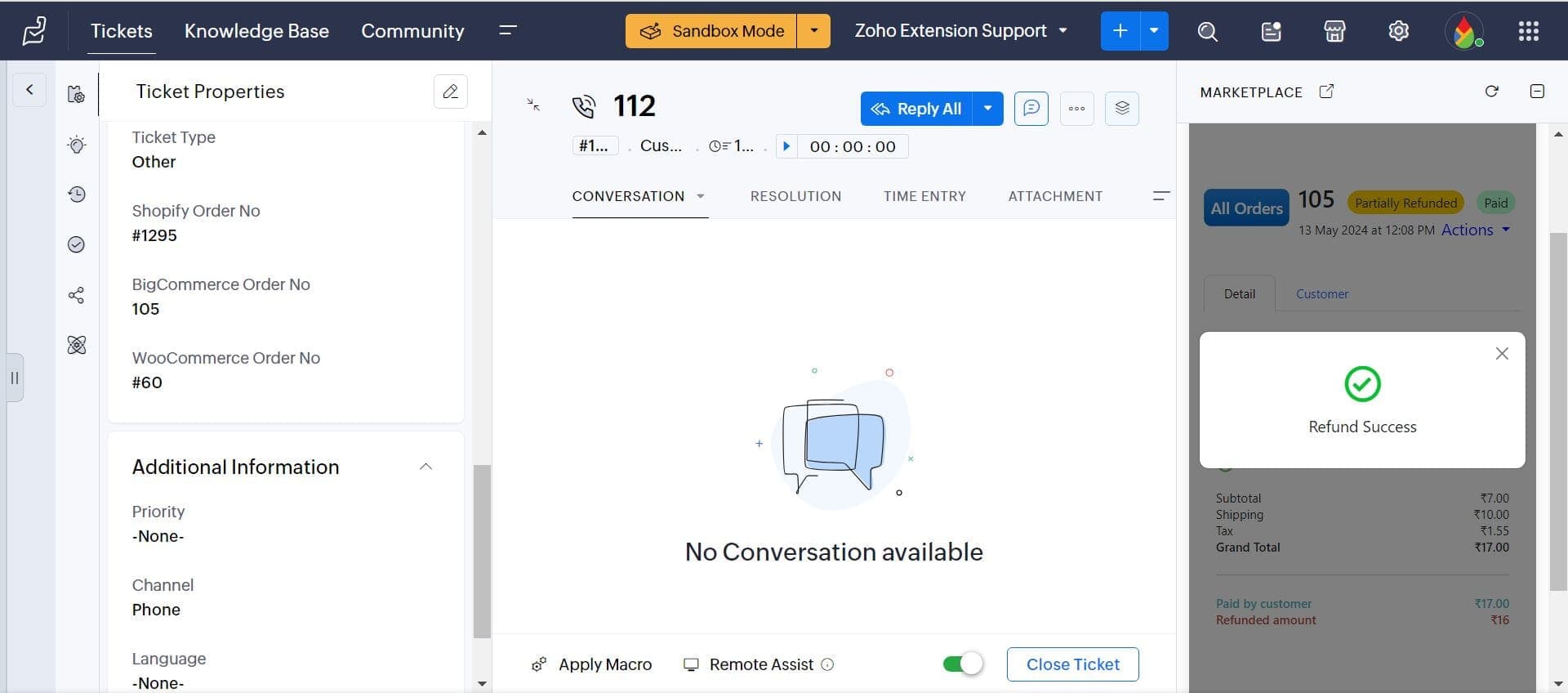 Initiate BigCommerce Refund Order Amount from Zoho Desk