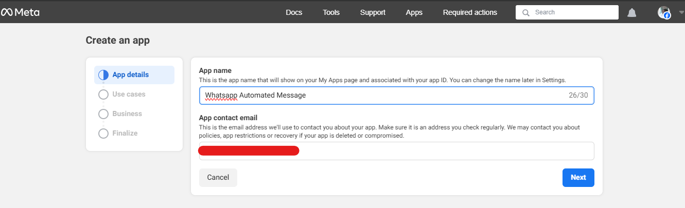 App details configuration in Meta