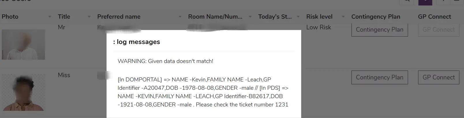 Error log message trigger for data mismatch in GP Connect date