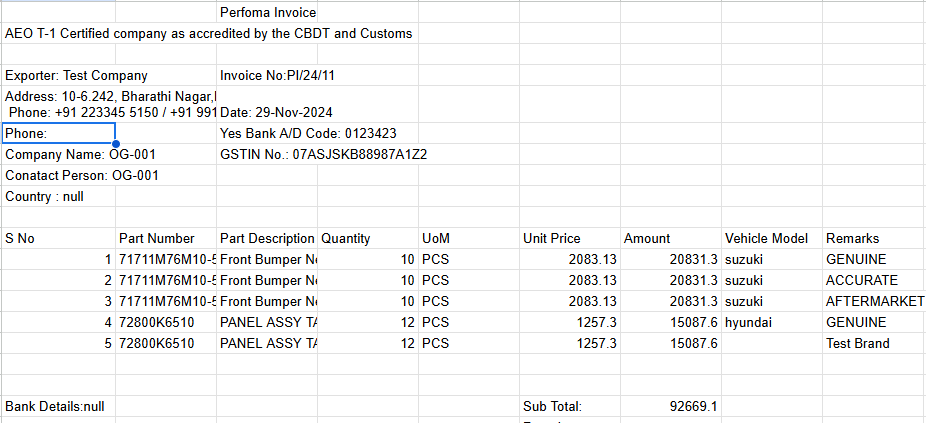 Invoice opened as Excel sheet in Google Sheet