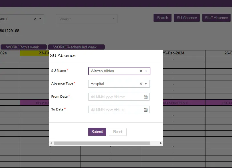 SU Absence form filled by Manager in Healthcare services
