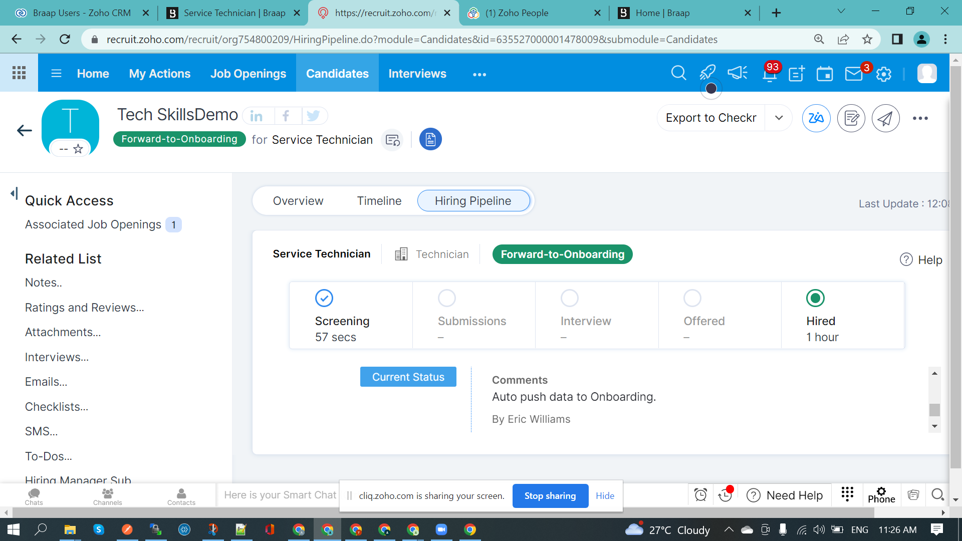 Trigger candidate screening process from Zoho CRM