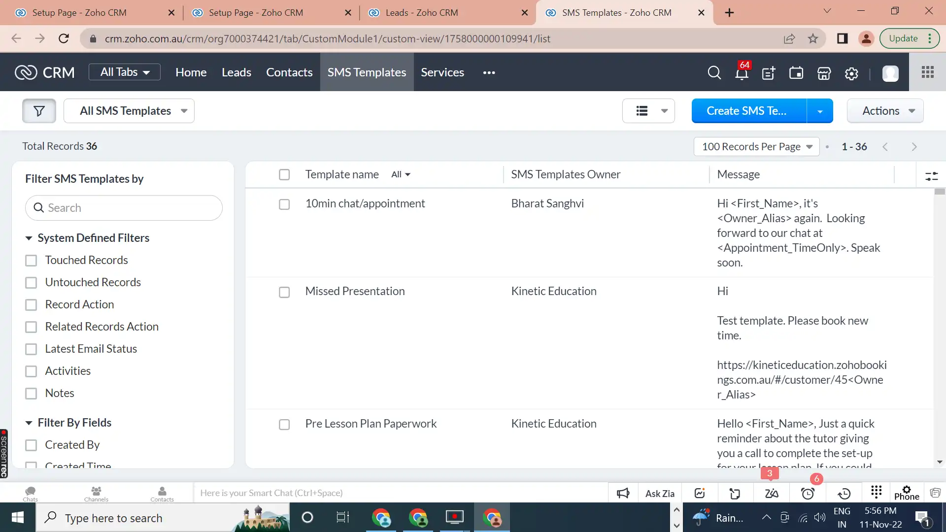 SMS integration with Zoho CRM