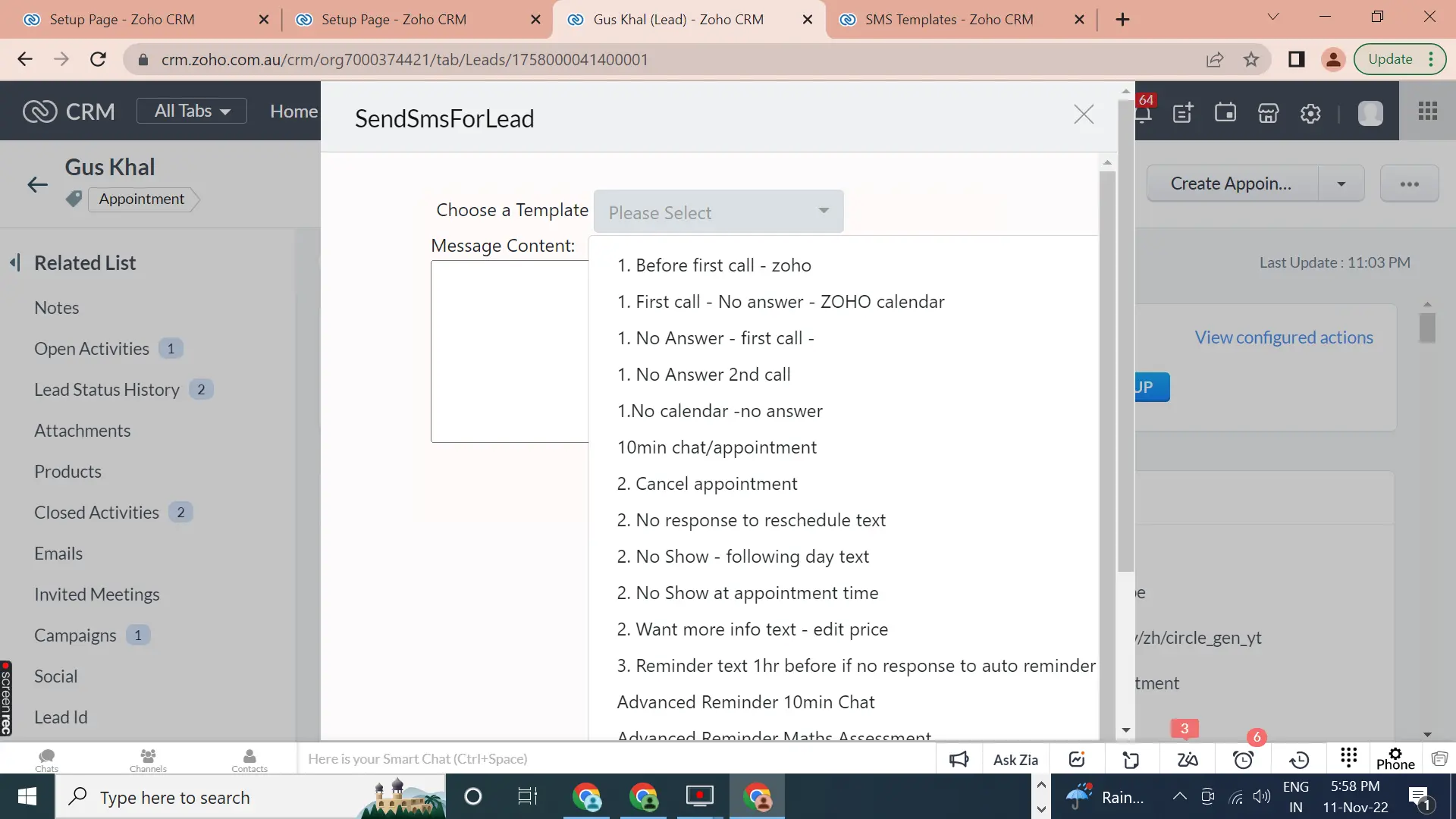 Zoho CRM SMS integration