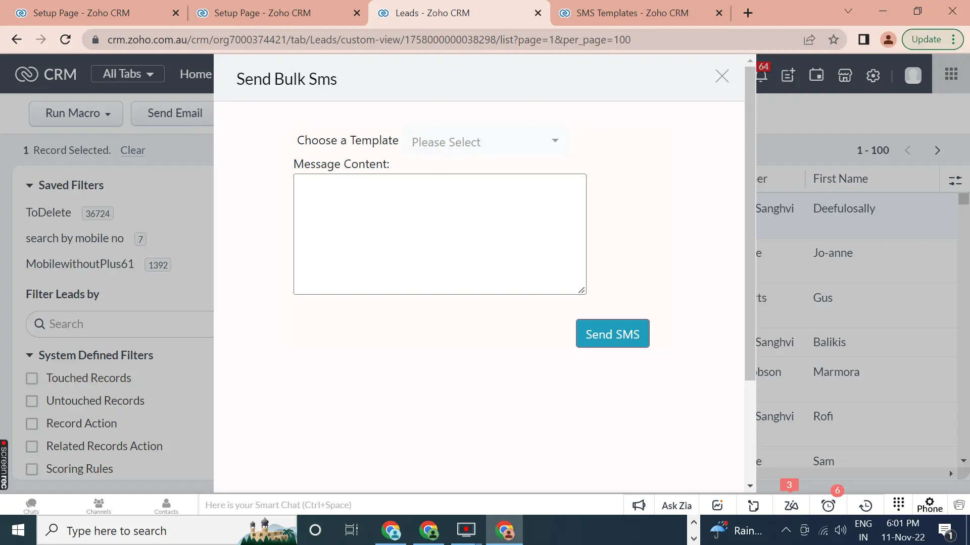 Zoho and SMS Integration