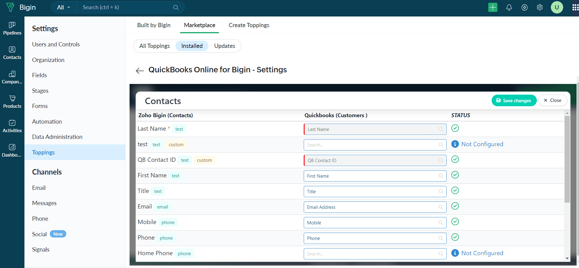Field mapping for contact mapper in bigin for quickbooks