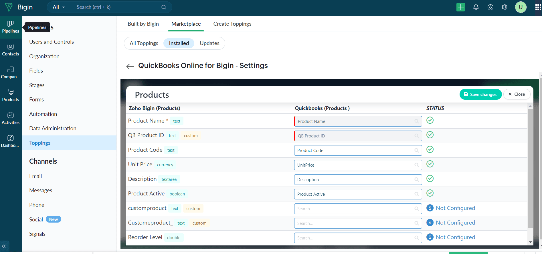 Field mapping for Product Mapper in bigin for quickbooks
