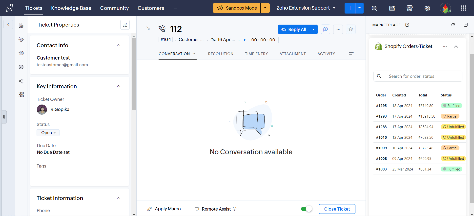 Shopify List View in the Zoho Desk