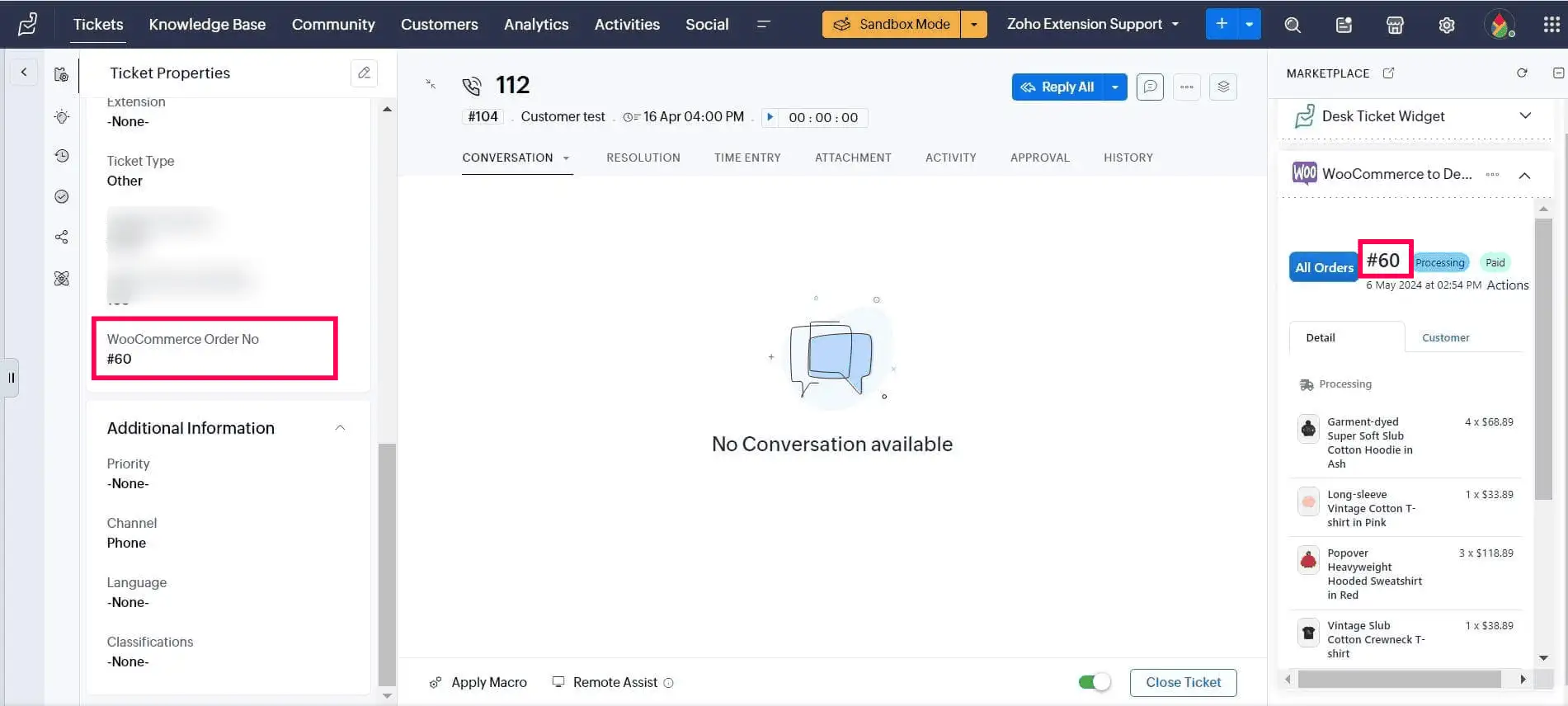 Pin wocommerce order within Zoho Desk's Tickets or Customers record detail page