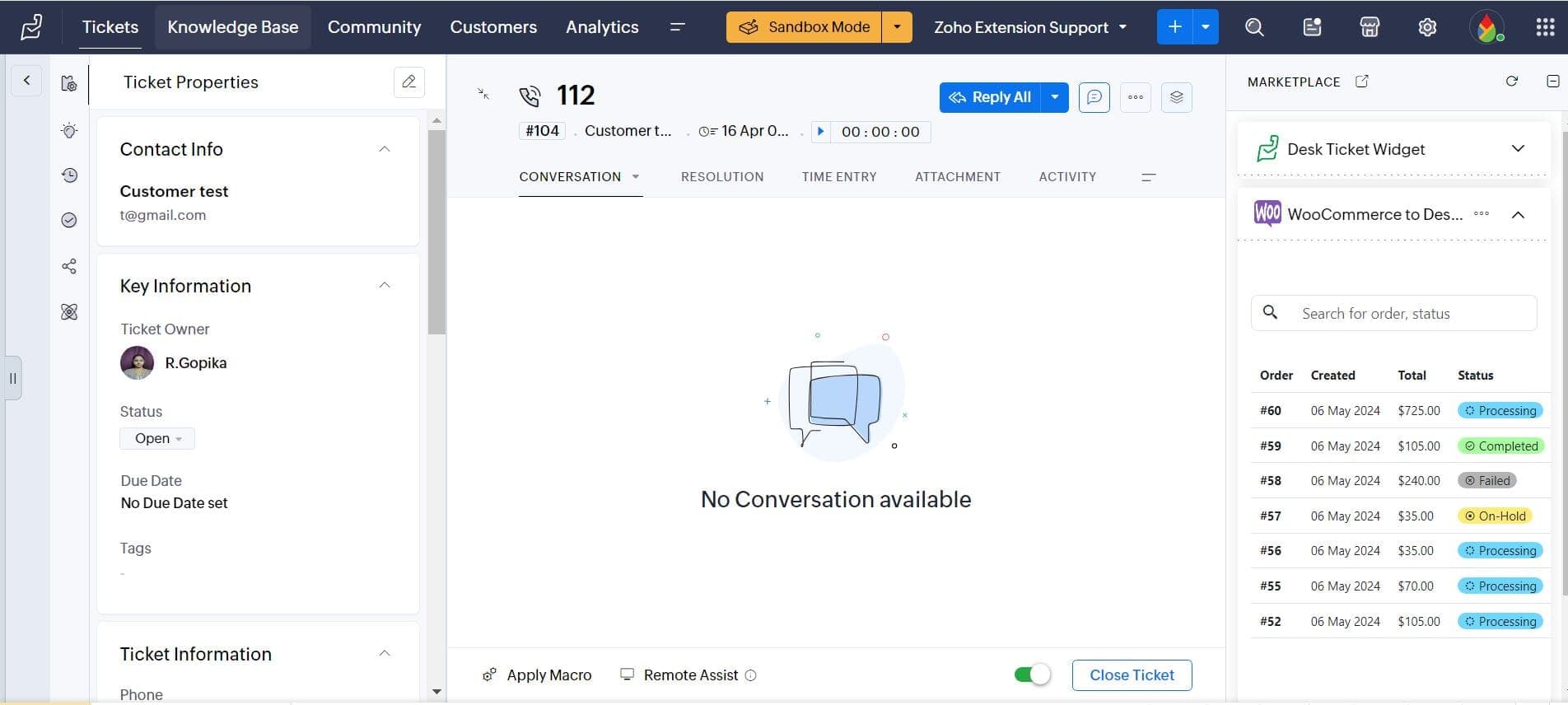 View WooCommerce Orders within Zoho Desk's Tickets
