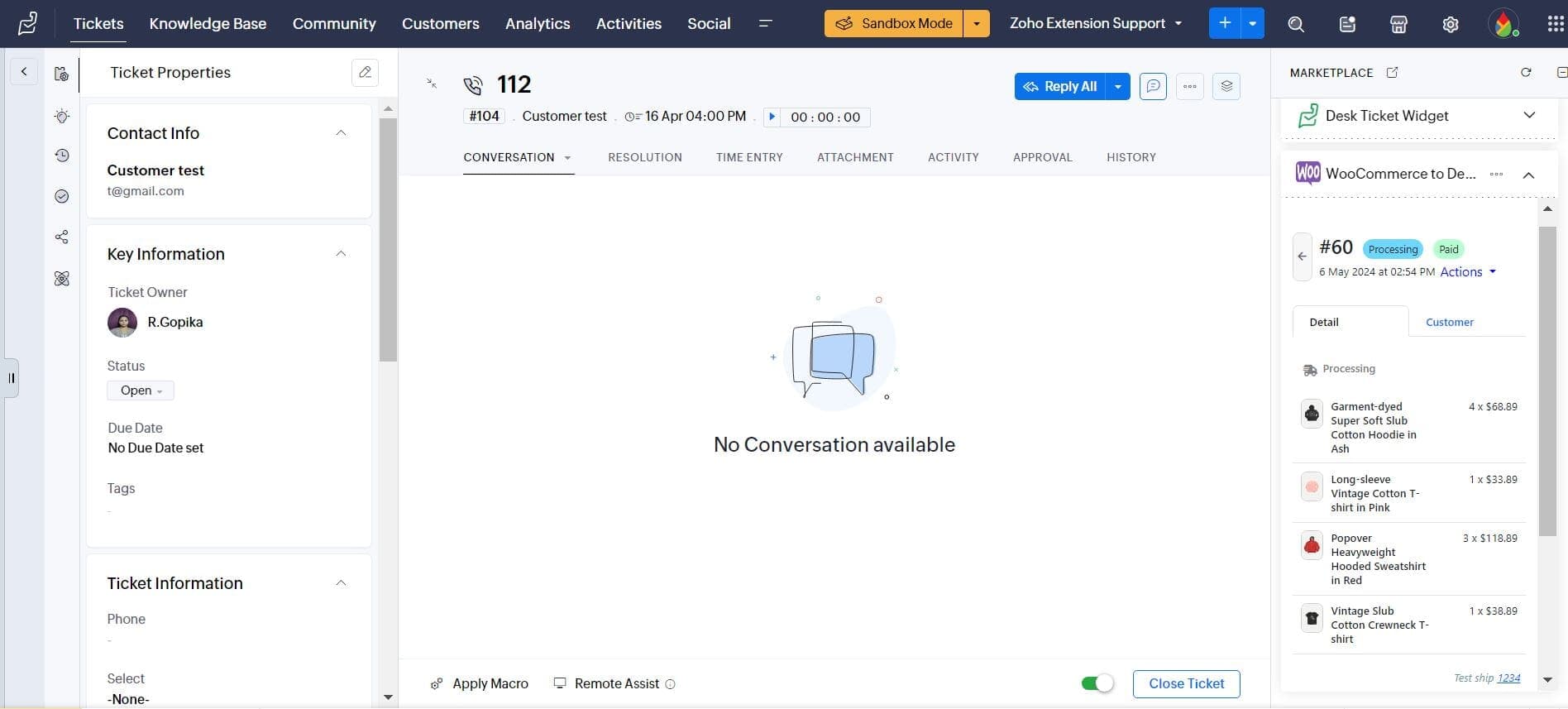 View WooCommerce Order Information within Ticket and Customer Record Page of Zoho Desk