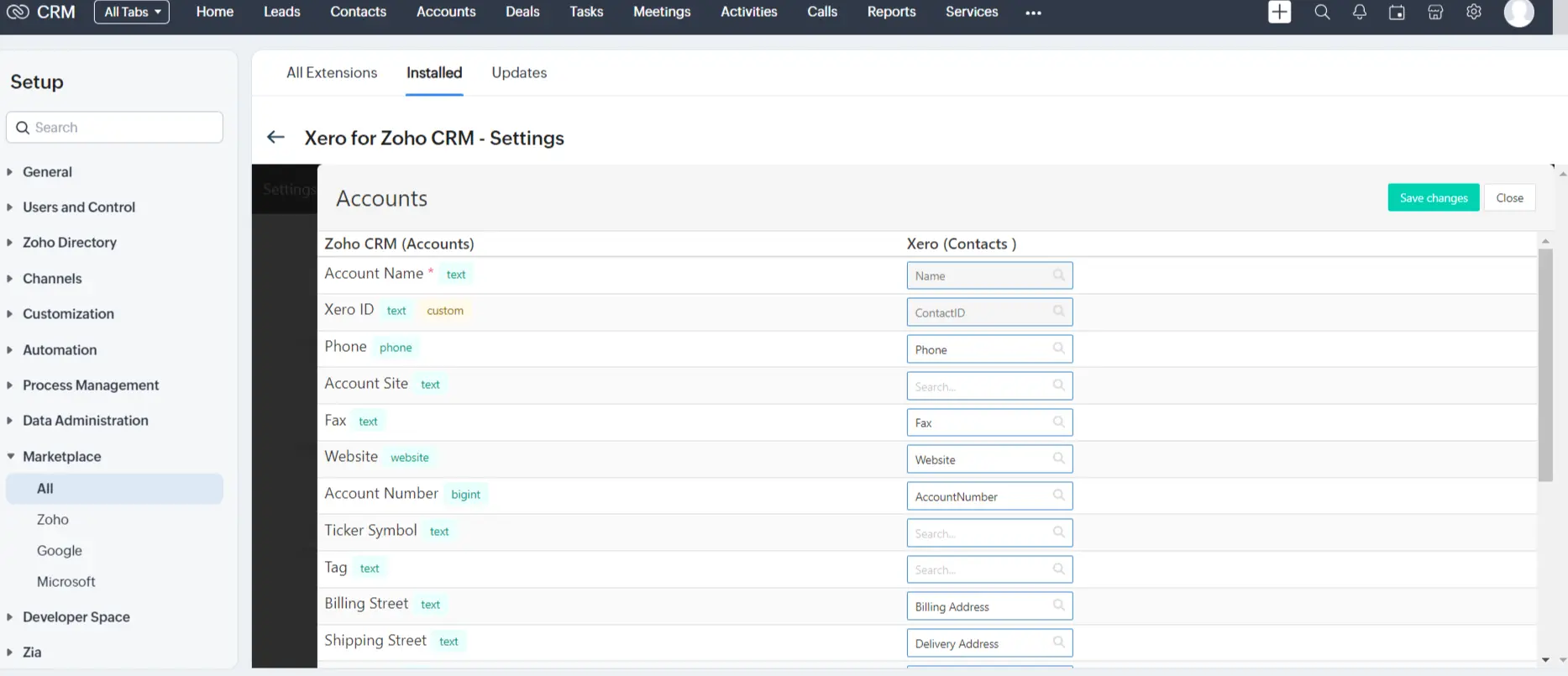 Field mapping between Xero and Zoho CRM