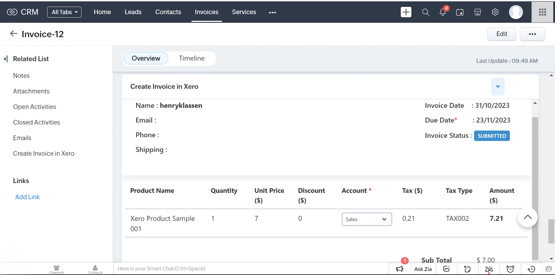 Create Xero invoce from Zoho CRM
