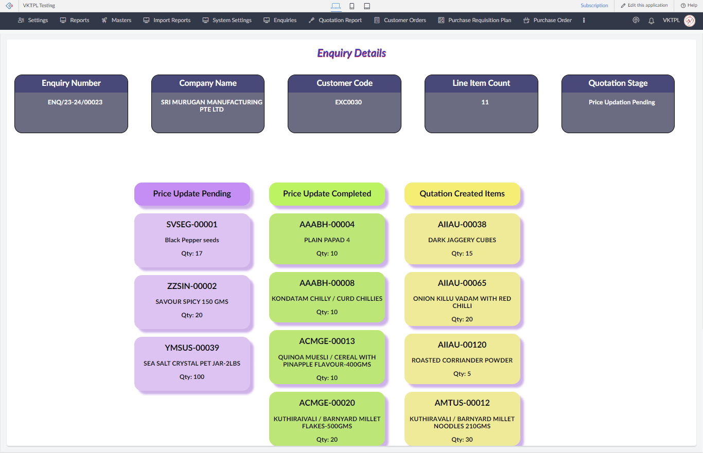 Customer Enquiry Page