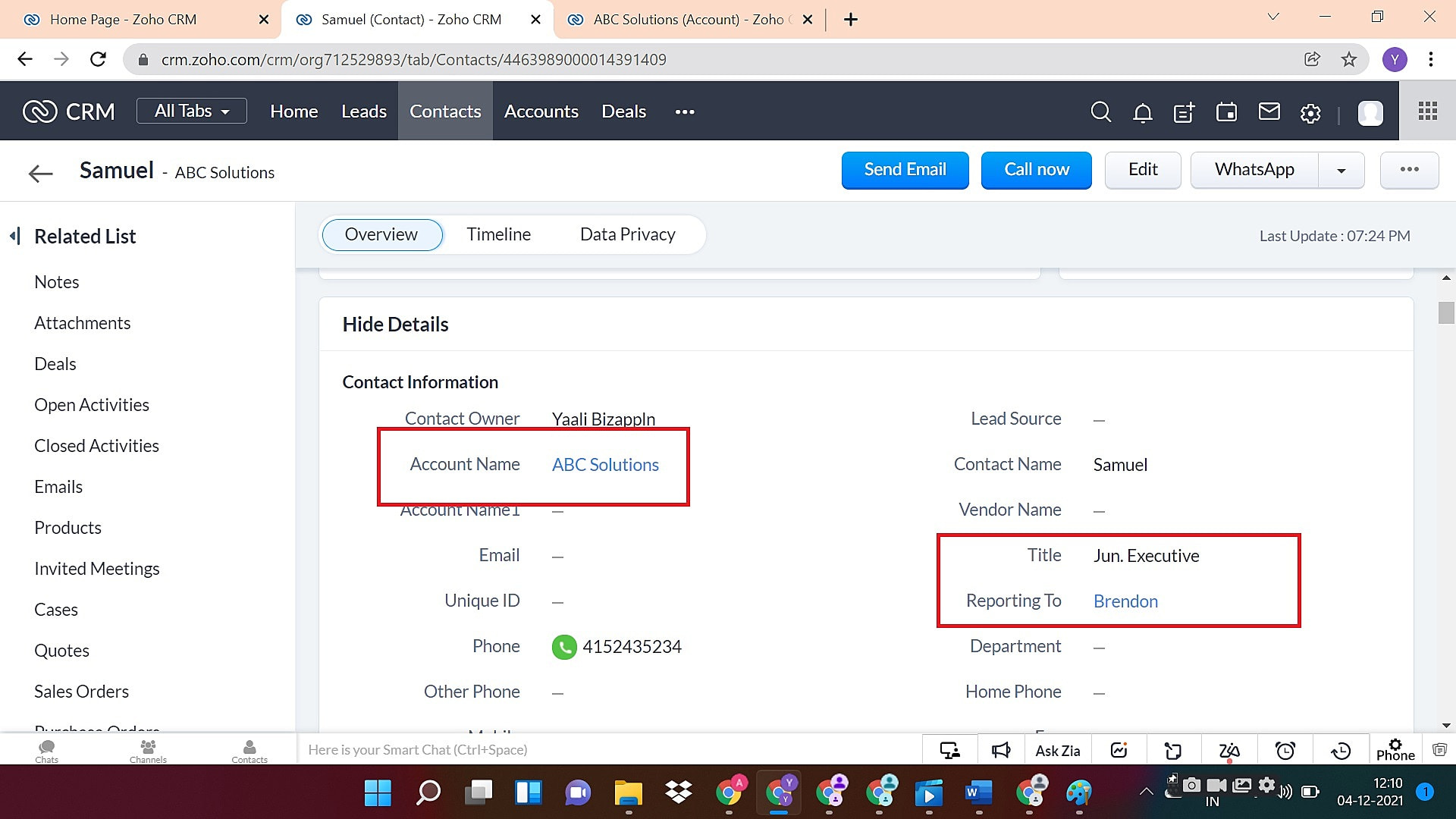 Org Chart view in Accounts module of Zoho CRM