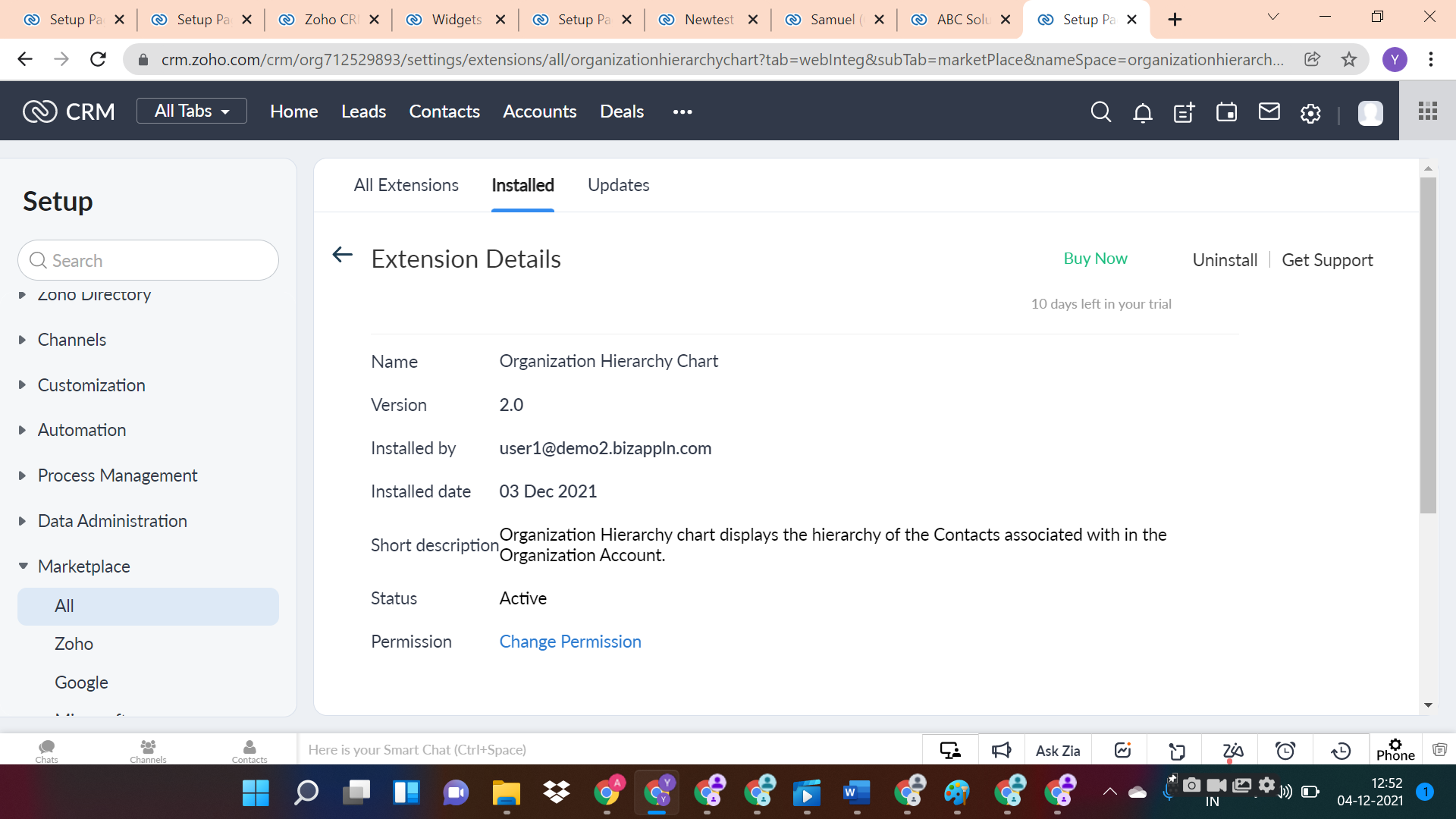 Org Extension Installated in Zoho CRM