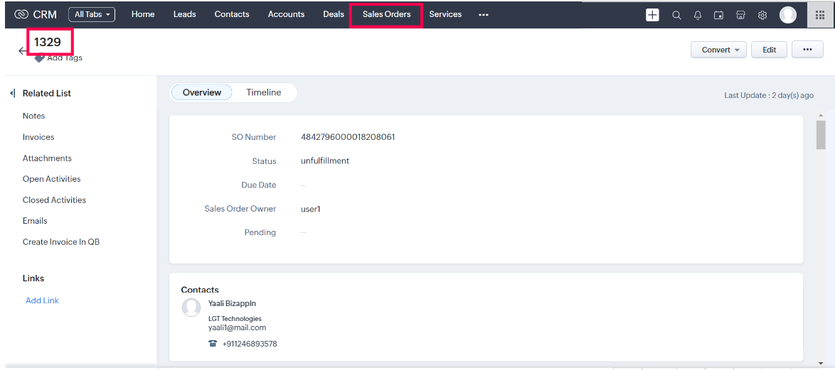 Shopify Order to Zoho CRM SalesOrder