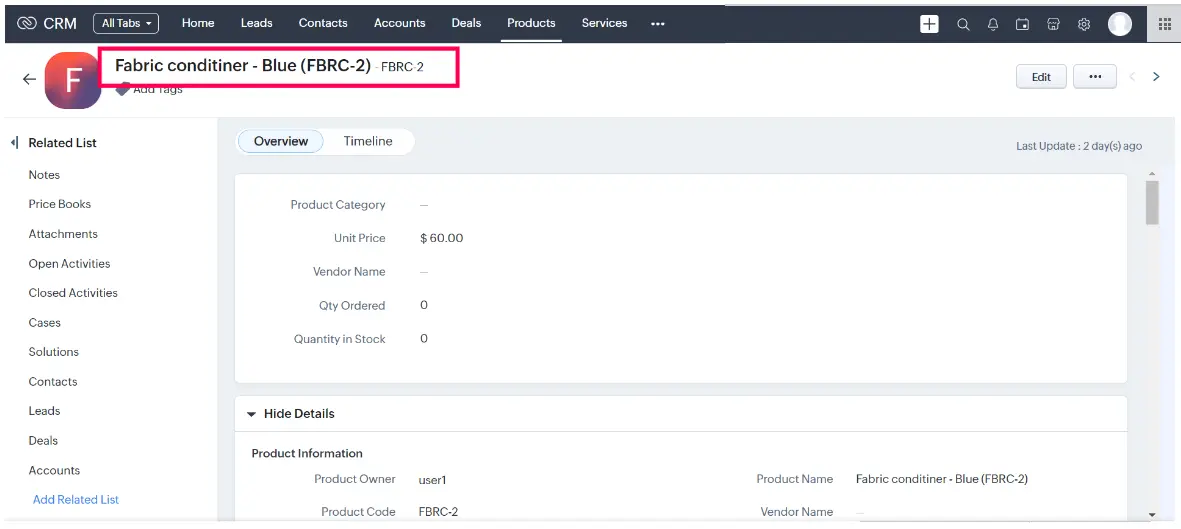 Shopify Products to Zoho CRM Products