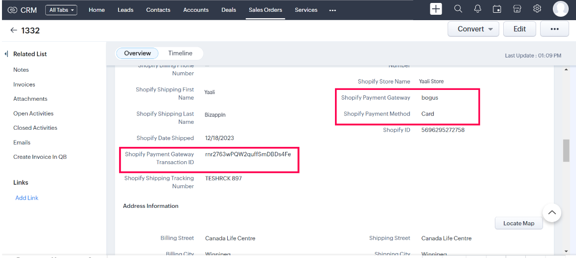 View Payment and Shipment info from Shopify in CRM